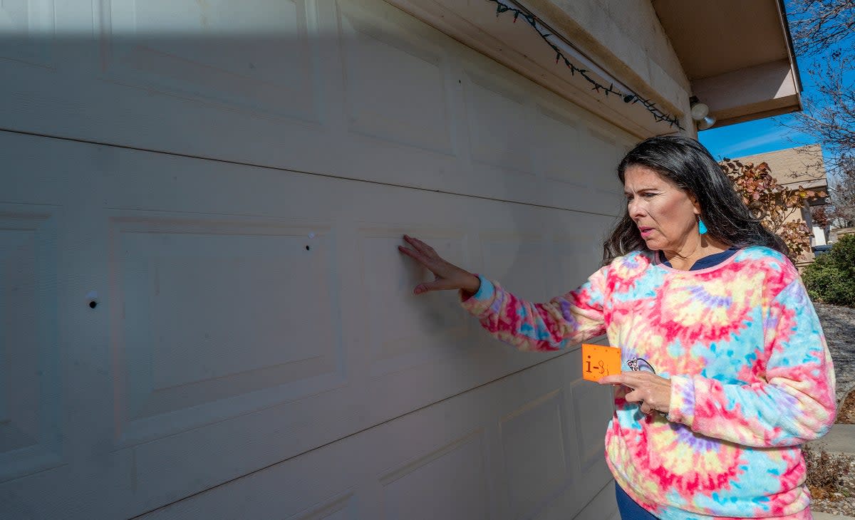 New Mexico state senator Linda Lopez shows bullet holes in her garage door after her home was shot at last month.  (AP)