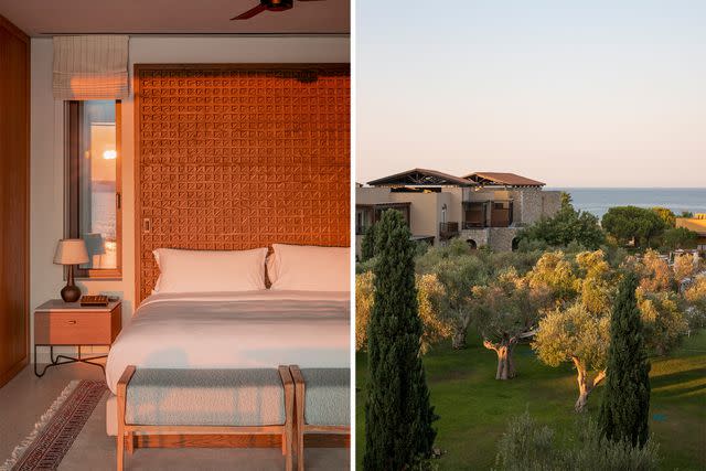 <p>Margarita Nikitaki</p> From left: Golden hour in a Mandarin Oriental guest room; the Westin Resort, Costa Navarino, where painstaking efforts were made to preserve the olive trees growing on site.