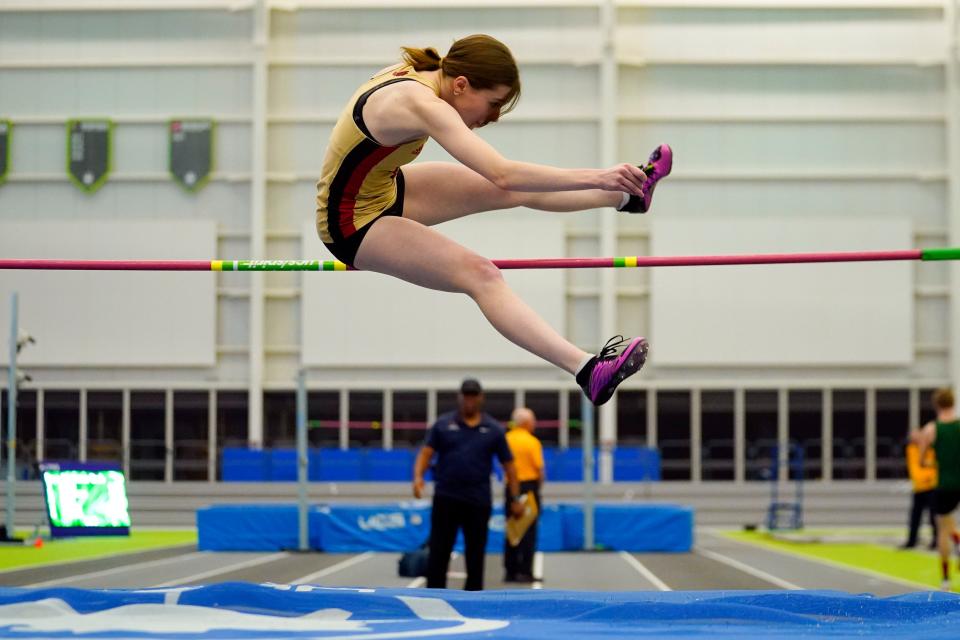 Morgan Ryerson of Mount Olive places first by clearing 5-feet-4-inches in the high jump during the Morris County winter track championships at the Ocean Breeze Athletic Complex in Staten Island on Jan. 30, 2023.