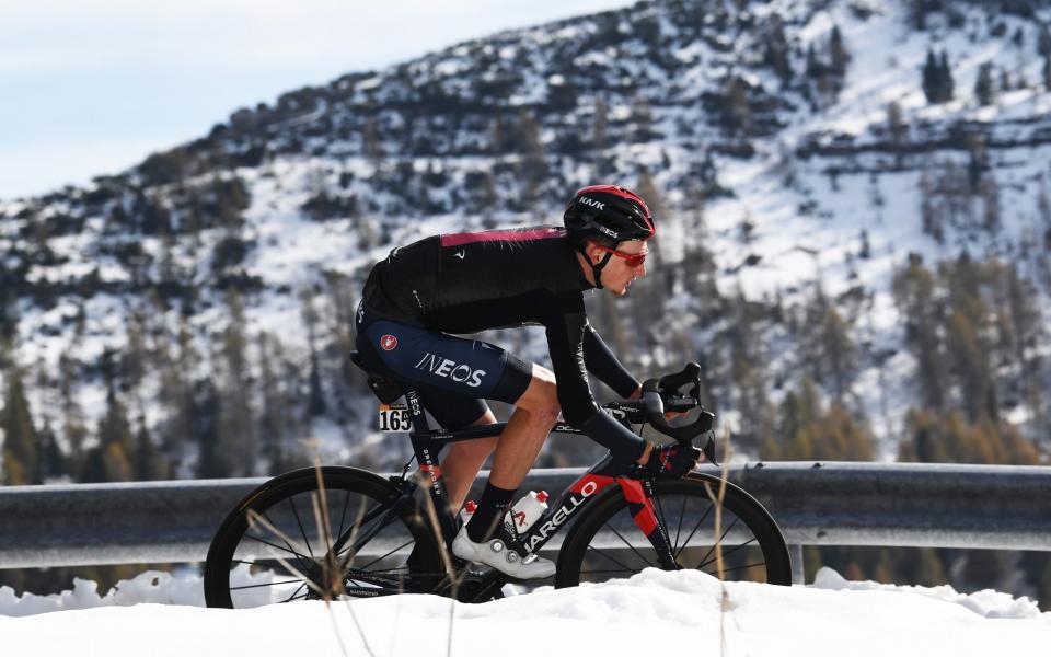 Tao Geoghegan Hart of The United Kingdom and Team INEOS Grenadiers / Forcella Valbona (1782m)/ Snow / Mountains / during the 103rd Giro d'Italia 2020, Stage 17 a 203km stage from Bassano del Grappa to Madonna di Campiglio 1514m - Velo/Tim de Waele 