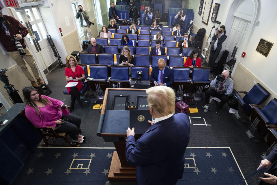 President Donald Trump arrives to speak about the coronavirus in the James Brady Press Briefing Room of the White House, Thursday, April 2, 2020, in Washington. (AP Photo/Alex Brandon)