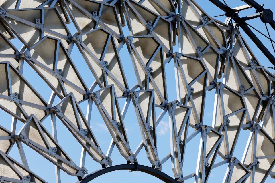 The reassembled Hoberman Arch in its new home at the Salt Lake City International Airport in Salt Lake City on Monday.