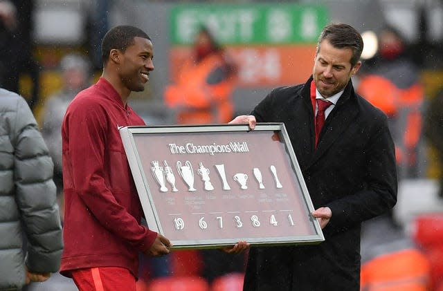 Liverpool’s Georginio Wijnaldum during a presentation after his final match for the club