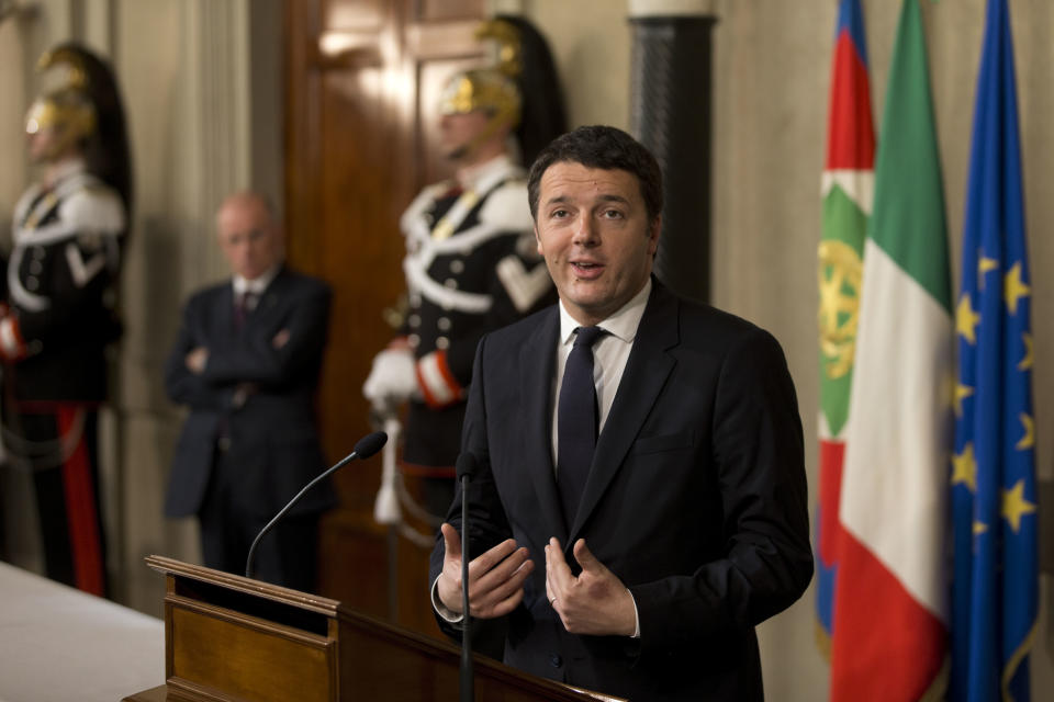 Italian Democratic Party's leader Matteo Renzi talks to journalists at the Quirinale presidential palace after talks with Italan President Giorgio Napolitano, in Rome, Monday, Feb. 17, 2014. Renzi was asked to form a new government to replace the one he sacked through a stunning power-grab within his own party. Renzi drove himself to his meeting with Napolitano, mimicking the down-to-earth approach of his predecessor, Enrico Letta.(AP Photo/Alessandra Tarantino)