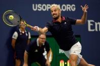 Sept 1, 2018; New York, NY, USA; Richard Gasquet of France hits to Novak Djokovic of Serbia in a third round match on day six of the 2018 U.S. Open tennis tournament at USTA Billie Jean King National Tennis Center. Mandatory Credit: Robert Deutsch-USA TODAY Sports