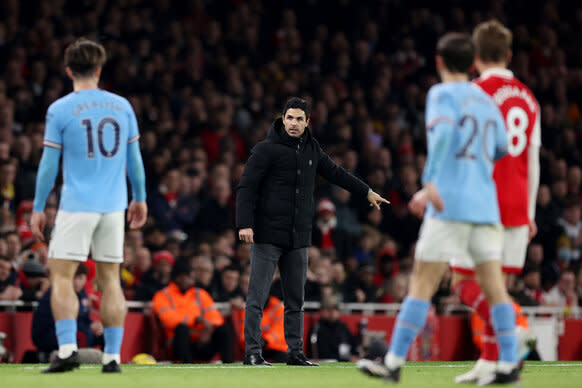 Mikel Arteta, Manager of Arsenal, reacts during the Premier League match between Arsenal FC and Manchester City at Emirates Stadium on February 15, 2023
