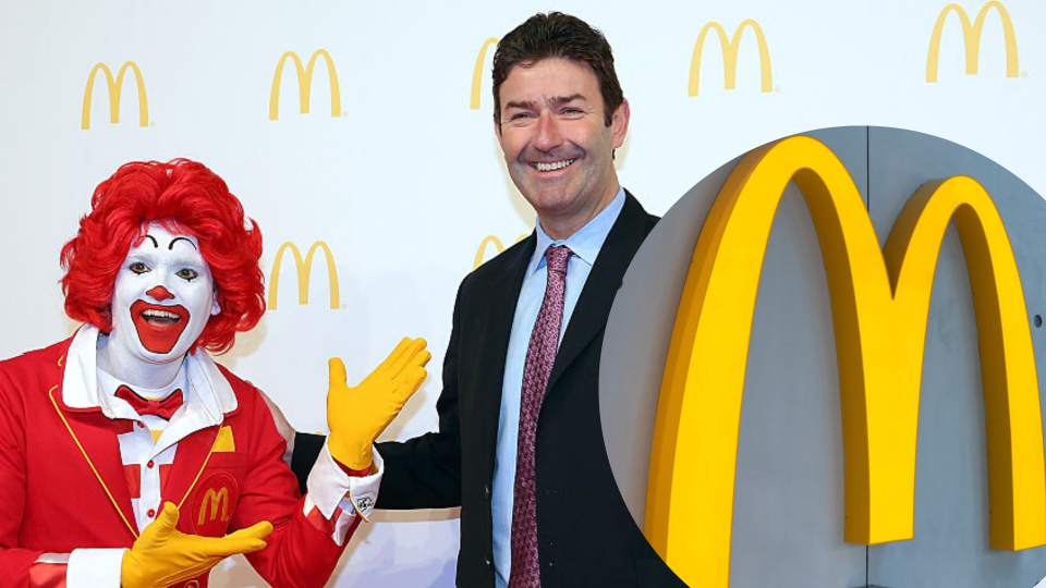 Pictured: McDonald's logo, McDonald's CEO Steve Easterbrook and Ronald McDonald. Images: Getty