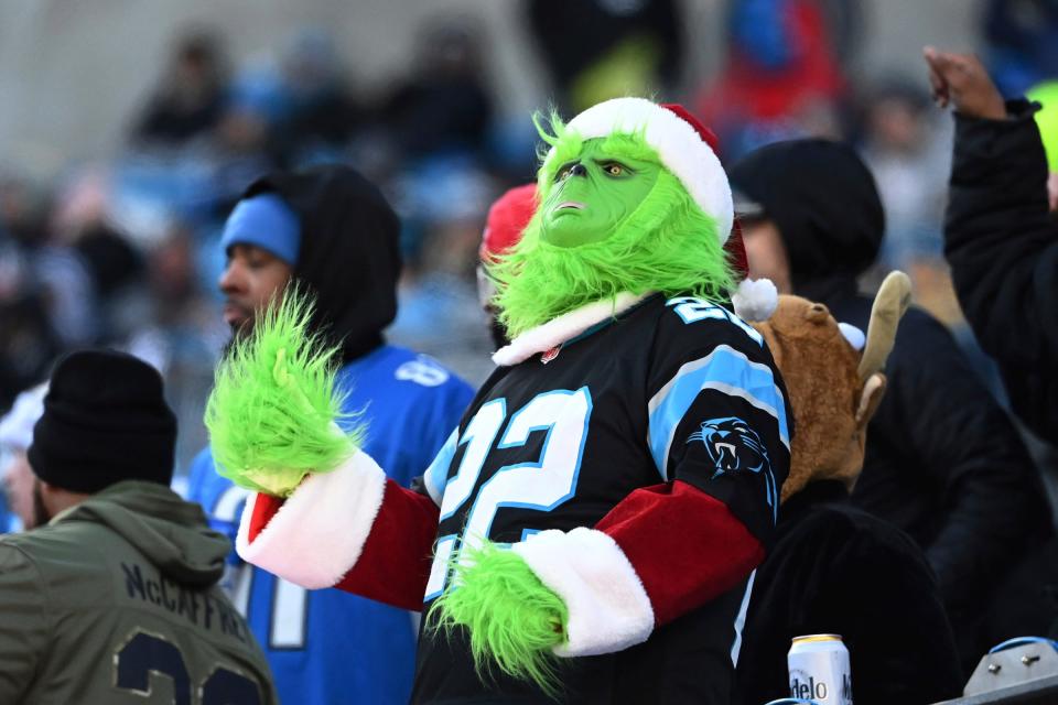 Carolina Panthers fan wears a grinch costume in the third quarter at Bank of America Stadium.