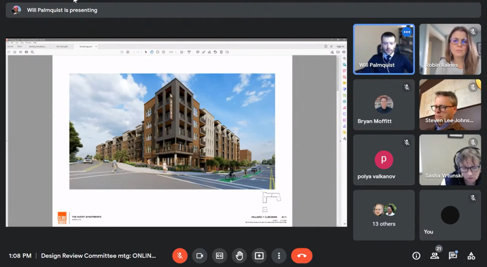 The Asheville Design Review Committee discusses the latest plans for The Avery, an apartment complex proposed at the corner of Clingman and Hilliard Avenues downtown, which it ultimately voter to recommend the city's Planning and Zoning Commission deny.