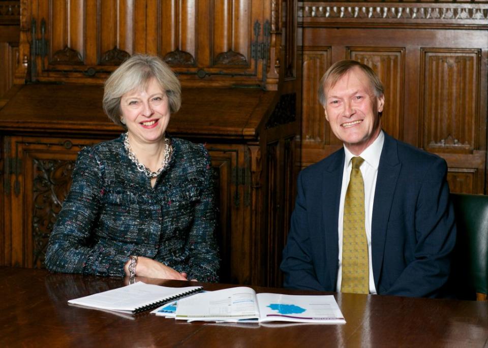 David Amess MP and former British Prime Minister Theresa May in the Prime Ministers Office in 2016. Source: Getty