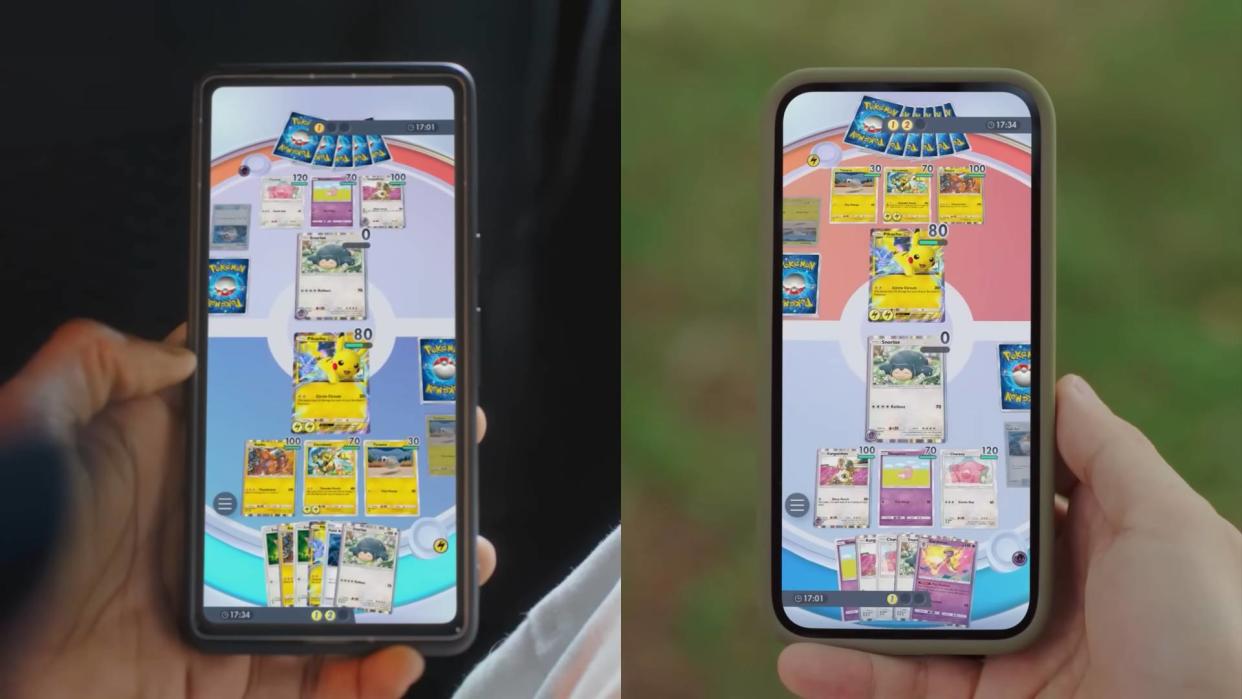  Two phones displaying Pokemon Trading Card Game Pocket. 