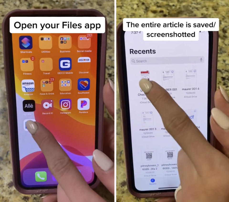 You then open your Files app on your phone and the full article screenshot will appear in your Recents. Photo: TikTok/@Ambre_skye