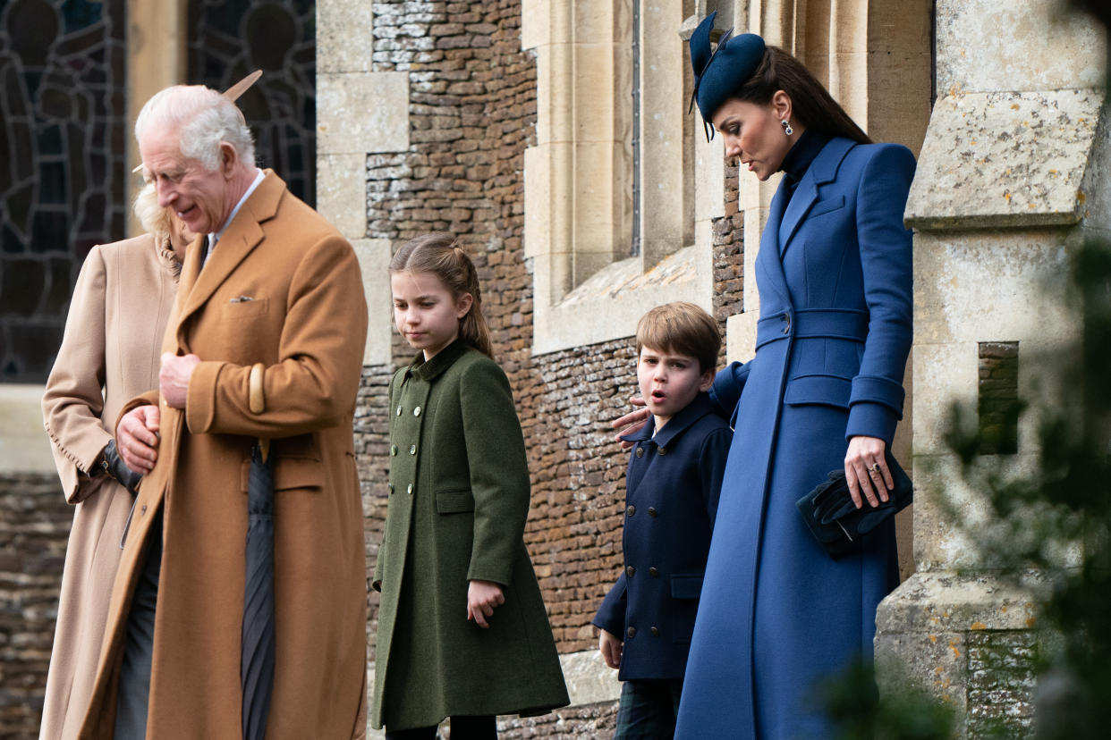 King Charles III, Princess Charlotte, Prince Louis and the Princess of Wales leave after attending the Christmas Day morning church service at St Mary Magdalene Church in Sandringham, Norfolk. Picture date: Monday December 25, 2023. (Photo by Joe Giddens/PA Images via Getty Images)