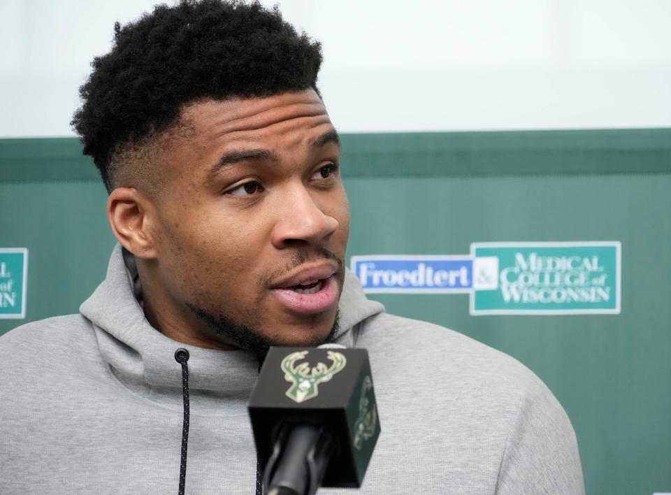 Giannis Antetokounmpo answers questions at the Sports Science Center in Milwaukee on Friday, one day after the Bucks fell, 120-98, to the Indiana Pacers and were eliminated from the playoffs.