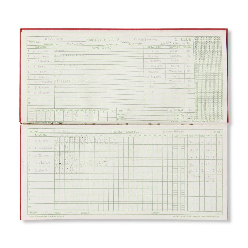 The scorebook, with Boycott's first initial incorrectly written as J  - Christie's