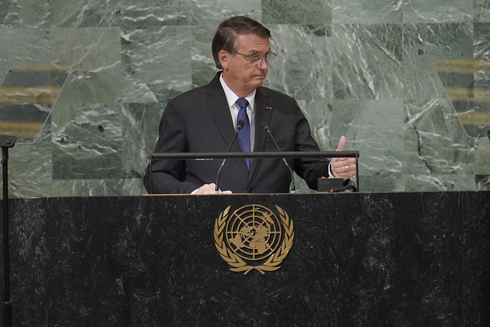 Brazilian President Jair Bolsonaro addresses the 77th session of the General Assembly at United Nations headquarters, Tuesday, Sept. 20, 2022. (AP Photo/Mary Altaffer)