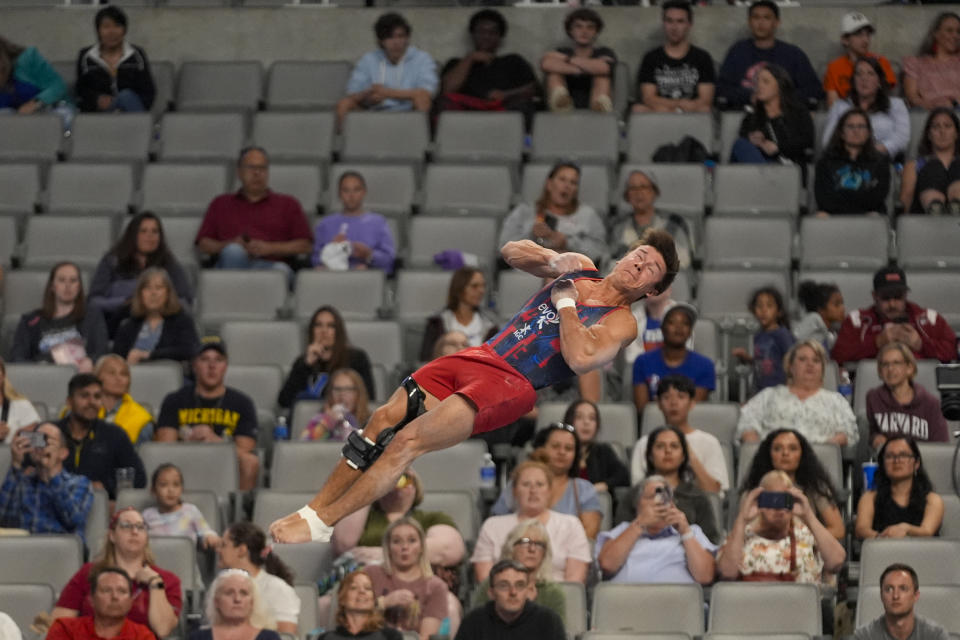 Brody Malone participates on the vault during the U.S. Gymnastics Championships, Thursday, May 30, 2024, in Fort Worth, Texas. (AP Photo/LM Otero)