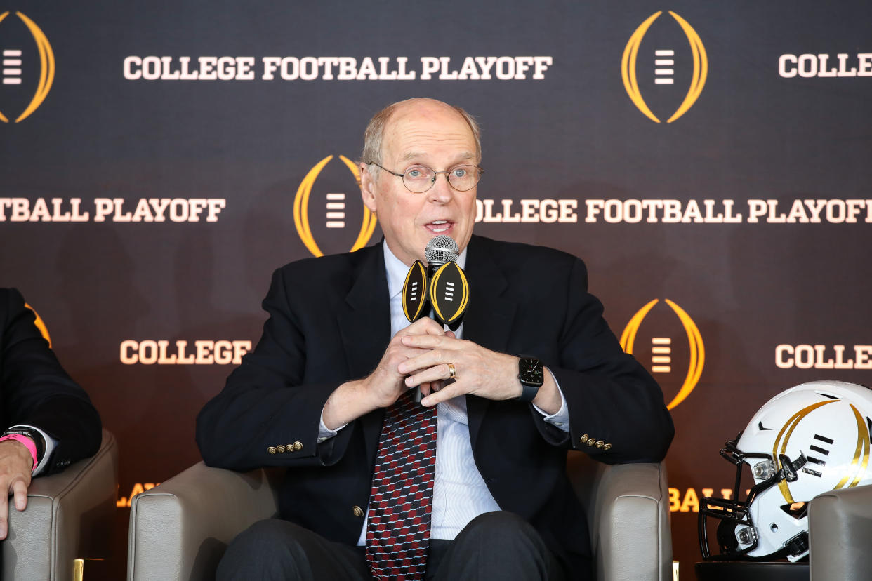 LOS ANGELES, CA - NOVEMBER 19: CFP President Bill Hancock during the College Football Playoff press conference and media roundtable on November 19, 2022, at Banc of California Stadium in Los Angeles, CA. (Photo by Jevone Moore/Icon Sportswire via Getty Images)