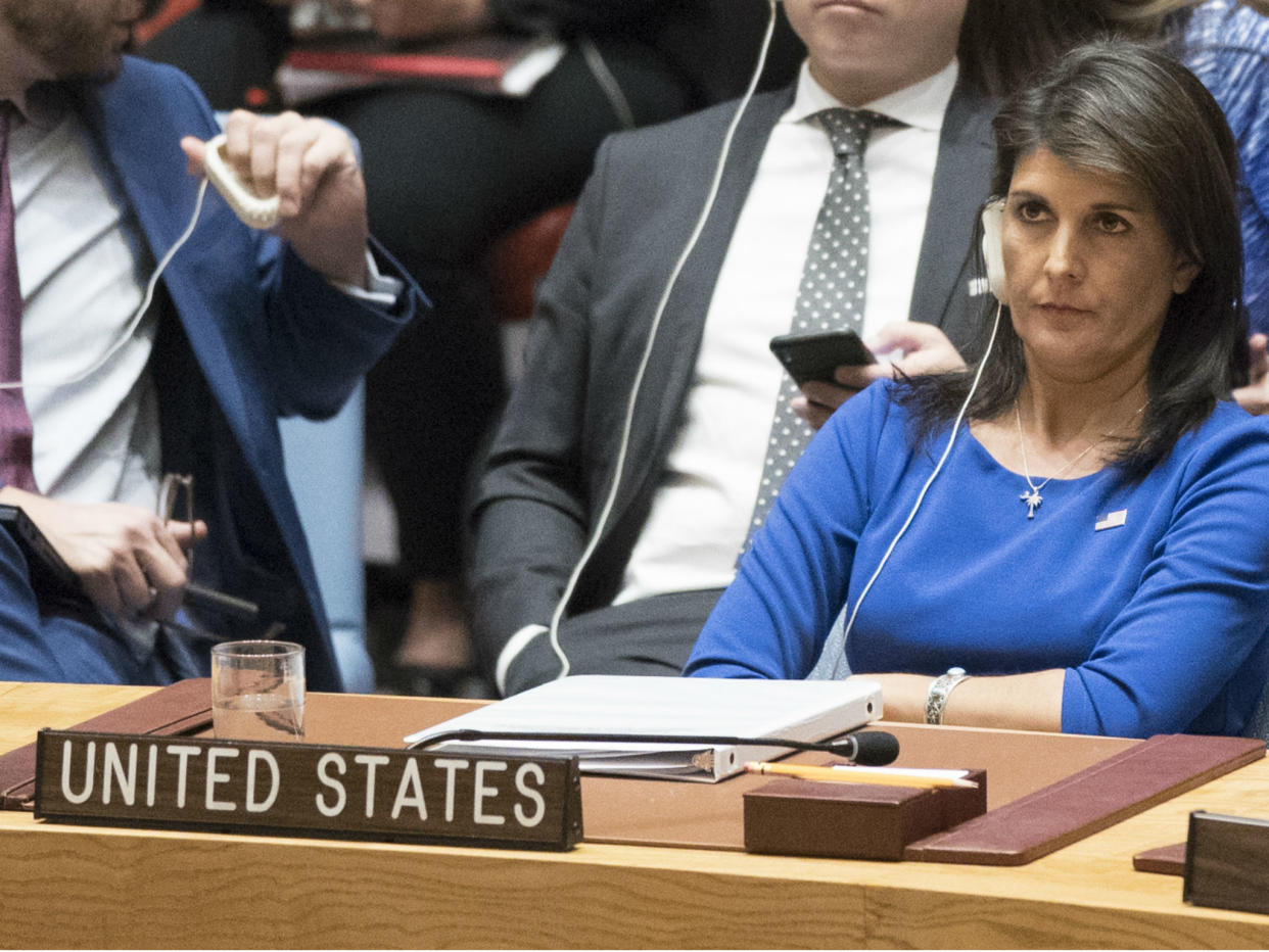 American Ambassador to the United Nations Nikki Haley listens during a Security Council meeting on the situation in Syria United Nations headquarters: AP Photo/Mary Altaffer