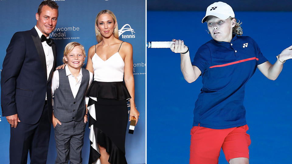 Cruz Hewitt, pictured here with parents Lleyton and Bec.