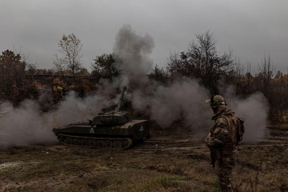 Ukrainian army artillerists fire artillery on the frontline as Russia-Ukraine war continues in Kharkiv Oblast, Ukraine on Oct. 27, 2023. (Diego Herrera Carcedo/Anadolu via Getty Images)