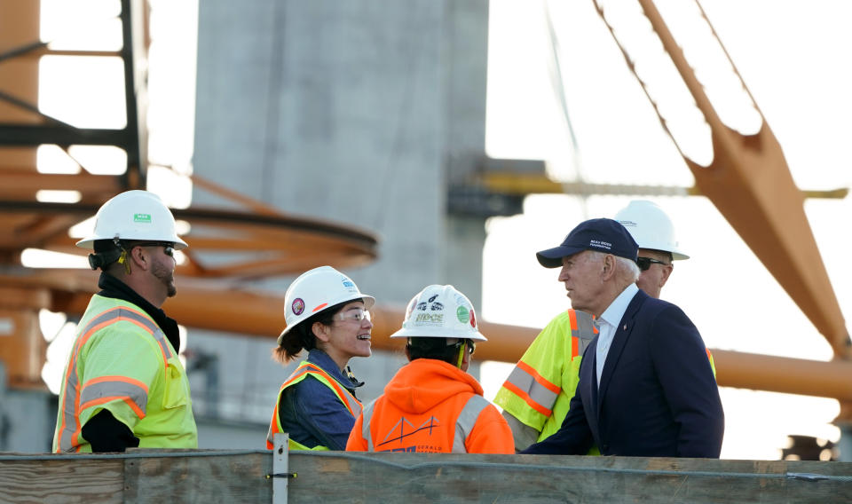 LONG BEACH, CA - JANUARY 09: Former Vice President Joe Biden greets construction workers during a tour of the Gerald Desmond replacement bridge project in Long Beach on Thursday, Jan. 9, 2020. (Photo by Scott Varley/MediaNews Group/Torrance Daily Breeze via Getty Images)