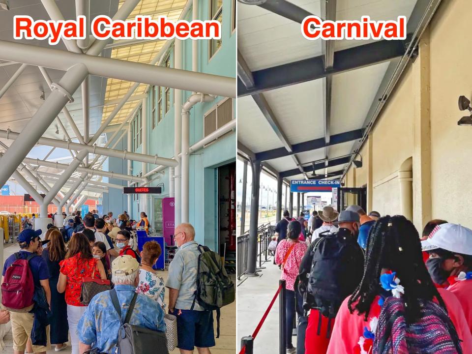 Boarding on Royal Caribbean (L) and Carnival (R) cruises