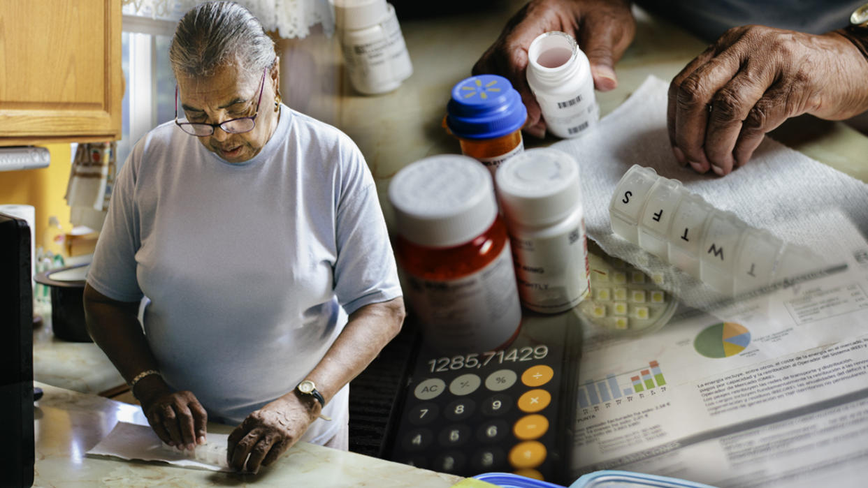 Senior woman sorting medication alongside light bill and phone calculator. (Photo illustration: Yahoo News; photos: Getty Images(2))