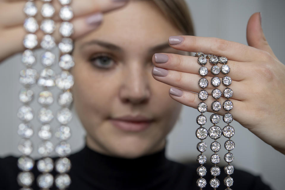 Diamond bracelets that belonged to Marie Antoinette sold for $8.2 million, the second highest price ever for a jewel belonging to the queen.  (Martial Trezzini / AP)