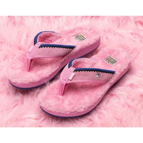 pink fuzzy sanuk flip flops with grateful dead teddy bear logo