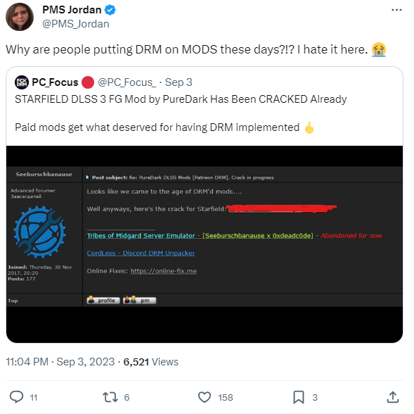 A post reading: Why are people putting DRM on MODS these days?!? I hate it here. ��