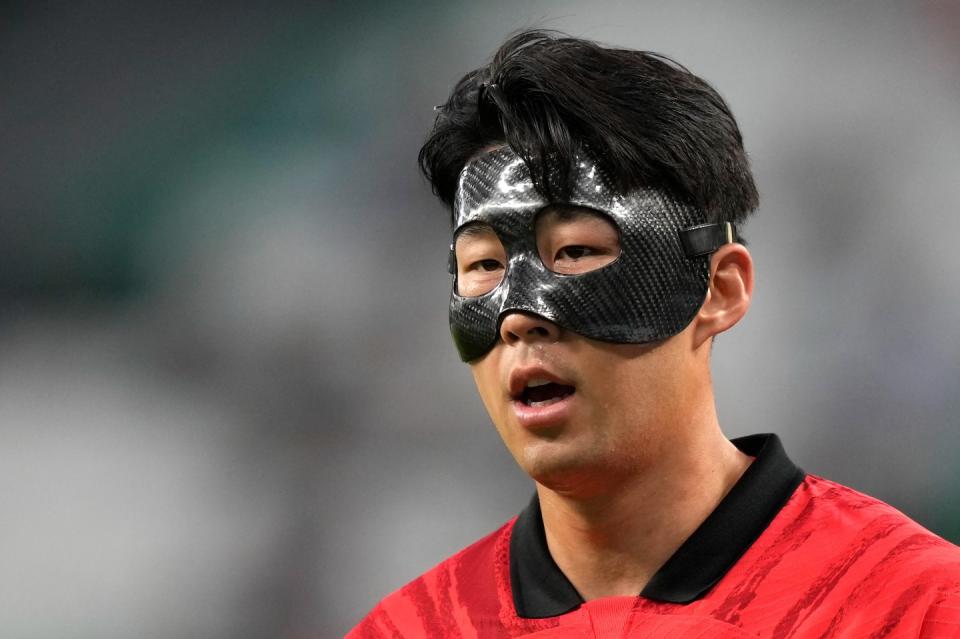 South Korea's Son Heung-min reacts during the World Cup group H football match between Uruguay and South Korea, at the Education City Stadium in Al Rayyan , Qatar, Thursday, Nov. 24, 2022. (AP Photo/Frank Augstein)