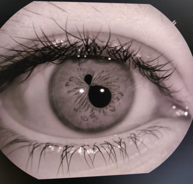Close-up of a human eye showing detailed iris and eyelashes