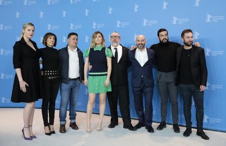 Producers Carolina Bang, Mercedes Gamero, actor Secun de la Rosa, actress Blanca Suarez, director Alex de la Iglesia, actor Jaime Ordonez, actor Mario Casas and producer Kiko Martinez pose during a photocall to promote the movie 'The Bar' at the 67th Berlinale International Film Festival in Berlin, February 15, 2017. REUTERS/Axel Schmidt