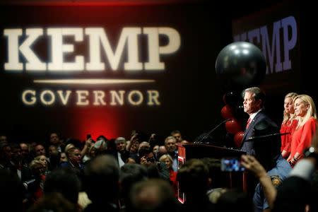 Following midterm elections, Republican gubernatorial candidate Brian Kemp reacts after appearing at his election night party in Athens, Georgia, U.S. November 7, 2018. REUTERS/Chris Aluka Berry