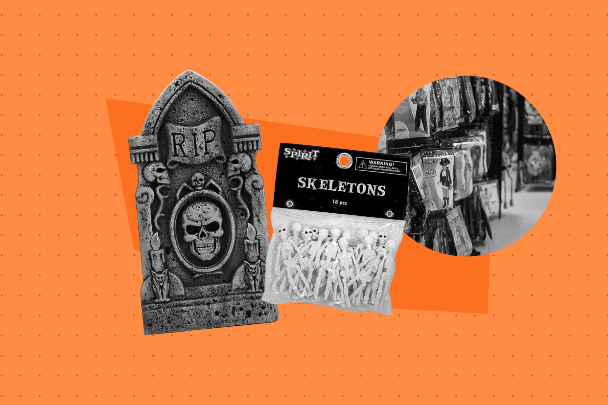 Various black-and-white Halloween decorations like skeletons and skulls and costumes in bags on an orange dotted background. 