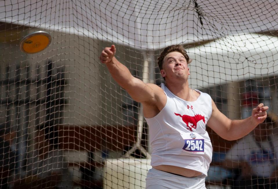 Denver City's Carson Little competes in the Class 3A discus during the UIL State Track and Field meet, Thursday, May 12, 2022, at Mike Myers Stadium in Austin.