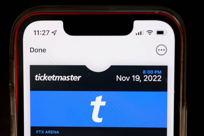 A Ticketmaster ticket is shown on a cellphone on Nov. 19, 2022.