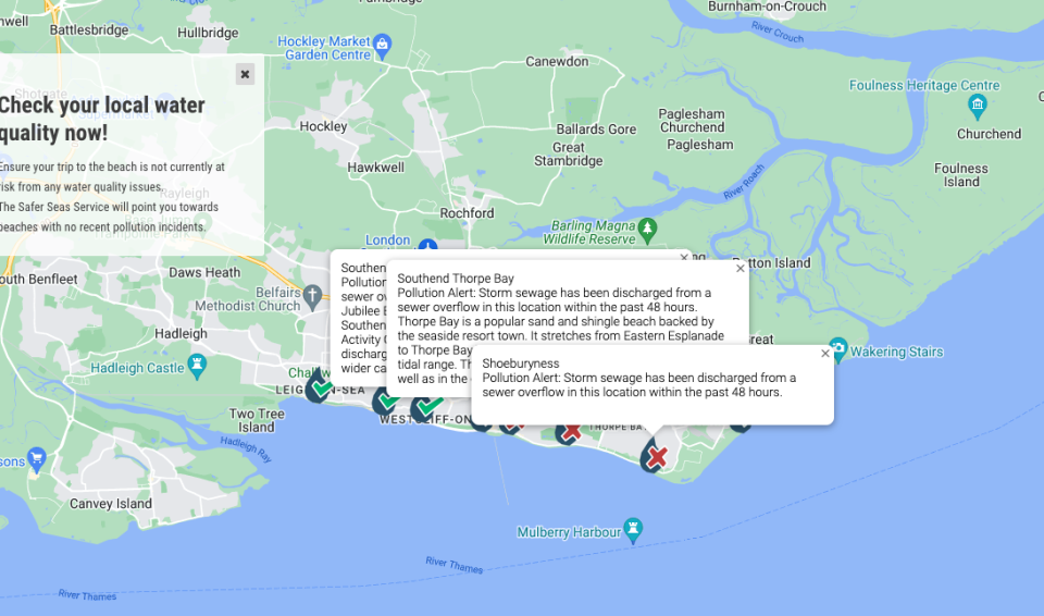 Water quailty warnings are in place in Southend for discharged sewage.