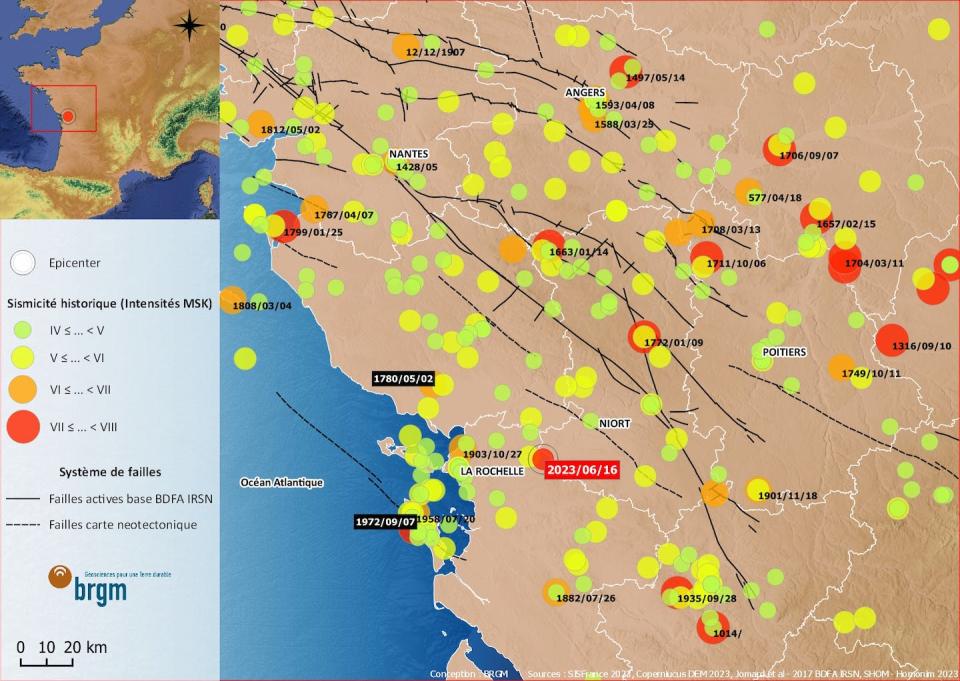 Carte représentant les séismes historiques connus dans la région du séisme de La Laigne du 16 juin 2023. Les couleurs indiquent l’intensité macrosismique des séismes historiques. Les lignes noires indiquent la position des failles actives connues dans la région. Johanna Vieille, base de données SisFrance et BDFA, Fourni par l'auteur
