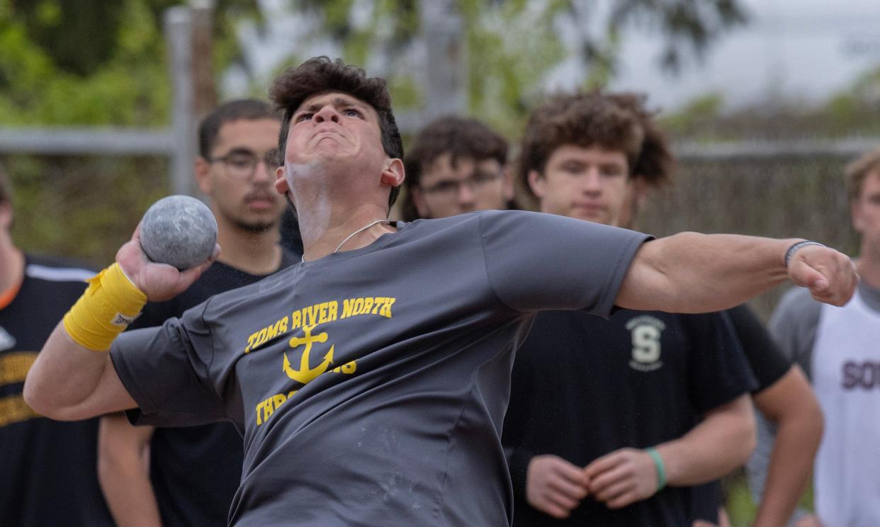 Toms River North’s Yianni Papanikolas competes in shot put. Ocean County Relay Championships 2024 at Southern Regional High School in Stafford Twp. NJ on May 3, 2024.