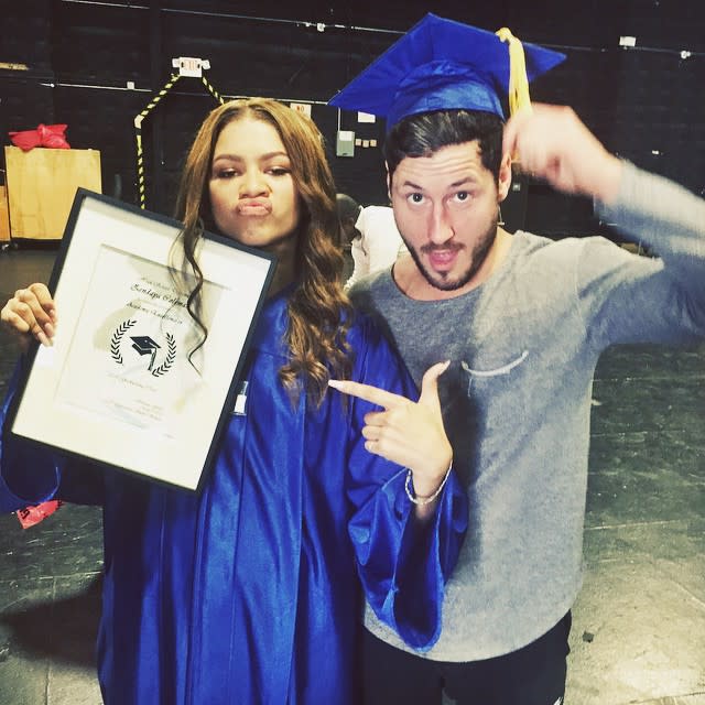 Sweetest <em>Dancing With the Stars </em>friendship ever? Zendaya recently celebrated an important milestone in her life, and she had her former <em>DWTS</em> partner Val Chmerkovskiy right there in the audience for support. The 18-year-old Disney star just graduated high school, and Val couldn't be prouder. "From the Met straight to set to graduating high school. Proud of my lil Zendayachka. #driven #fam @zendaya," the 29-year-old dancer Instagrammed on Friday. PHOTOS: The Complete List -- 'Dancing With the Stars' Winners! Zendaya and Val were partners during season 16 of <em>DWTS</em>, finishing as runner-ups to country star Kellie Pickler and Derek Hough. Despite their busy schedules, the two have still managed to remain close. The <em>Shake It Up</em> star showed her love for Val in March, wishing him a happy birthday with this cute pic of the two on the red carpet. "I'm not gonna write 3 pages and get all sappy cause I would look like a dork but just know I love you...happy birthday to my ace�� @iamvalc #famovererrrrthang," she wrote. VIDEO: 'DWTS' Couple Robert Herjavec & Kym Johnson Really Are 'Madly In Love' Val is currently partners with Rumer Willis on this season of <em>DWTS</em>, and in February, the partners stopped by the ET set to confidently explain why they're the team to beat! Watch below: