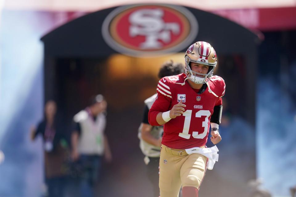 San Francisco 49ers quarterback Brock Purdy is introduced before the start of the game against the Arizona Cardinals at Levi's Stadium.