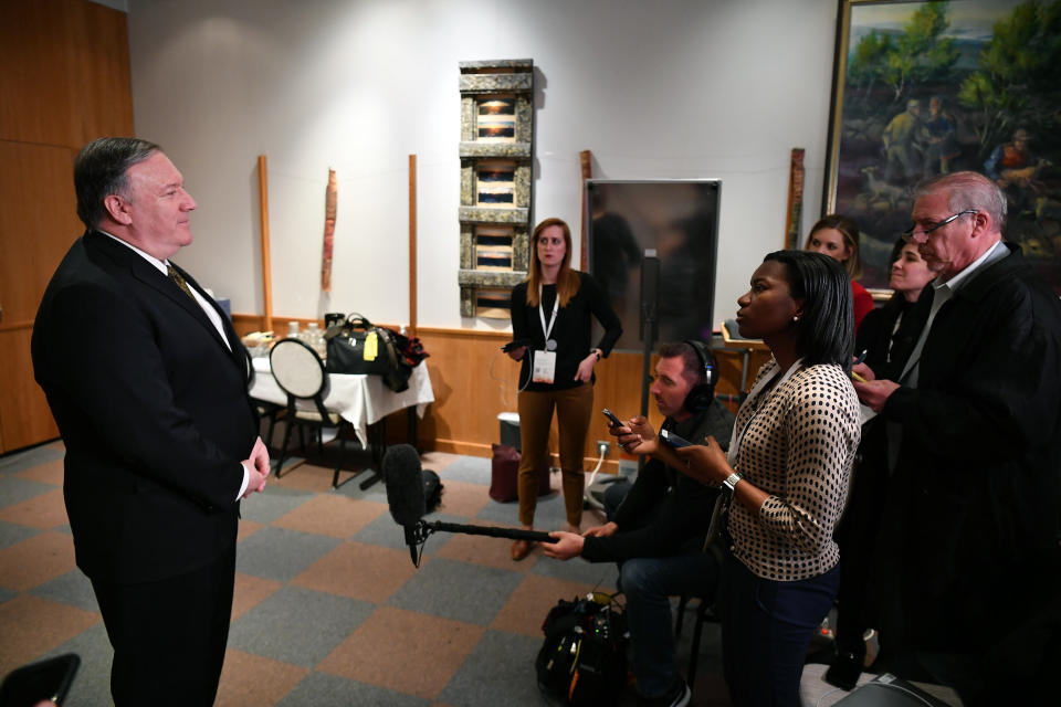 Secretary of State Mike Pompeo talks to the media on the sidelines of the Arctic Council ministers' working dinner at the Arktikum museum in Rovaniemi, Finland, Monday, May 6, 2019. (Mandel Ngan/Pool Photo via AP)