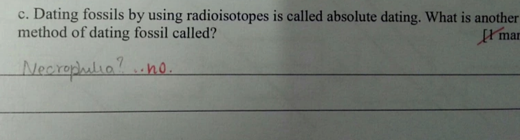 Question: Dating fossils by using radioisotopes is called absolute dating; what is another method of dating fossil called?" Answer: Necrophilia?