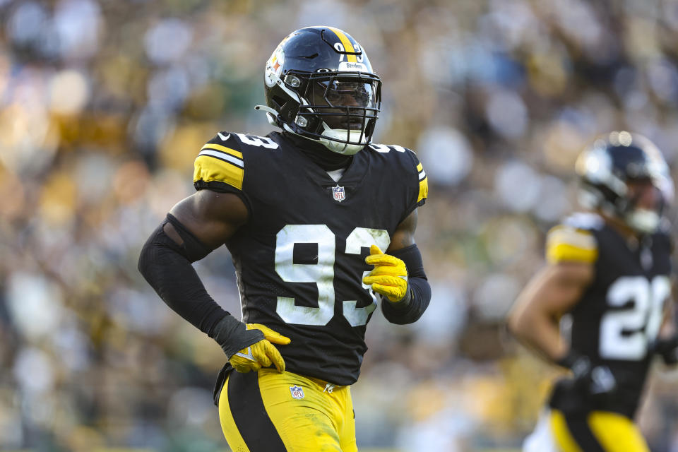 PITTSBURGH, PA - NOVEMBER 12: Mark Robinson #93 of the Pittsburgh Steelers runs across the field during an NFL football game against the Green Bay Packers at Acrisure Stadium on November 12, 2023 in Pittsburgh, Pennsylvania. (Photo by Perry Knotts/Getty Images)