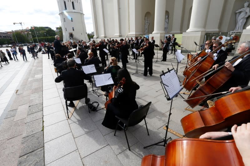 Musicians perform to thank for quick coronavirus disease (COVID-19) containment in Vilnius