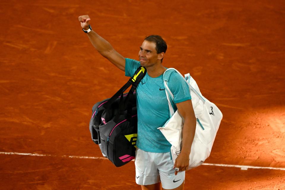 Rafael Nadal of Spain acknowledges the crowd as he walks off after his defeat by Alexander Zverev of Germany in the Men's Singles first round match on Day Two of the 2024 French Open at Roland Garros on May 27, 2024