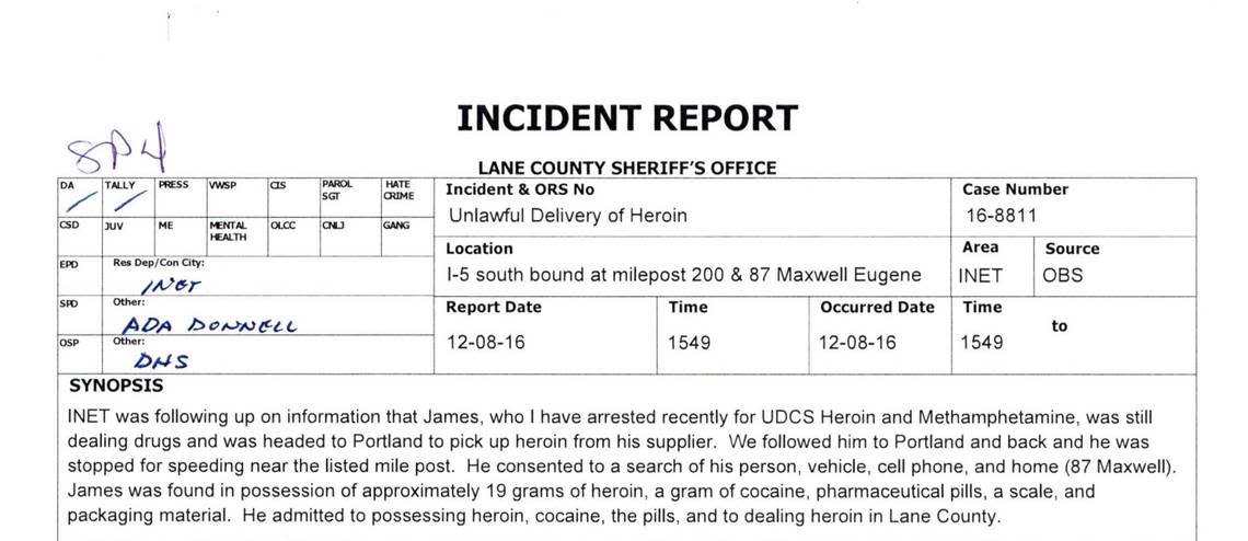 A Dec. 8, 2016 police report from the Lane County Sheriff’s Office in Eugene, Oregon, described the circumstances that led sheriff’s deputies to arrest Mark James.