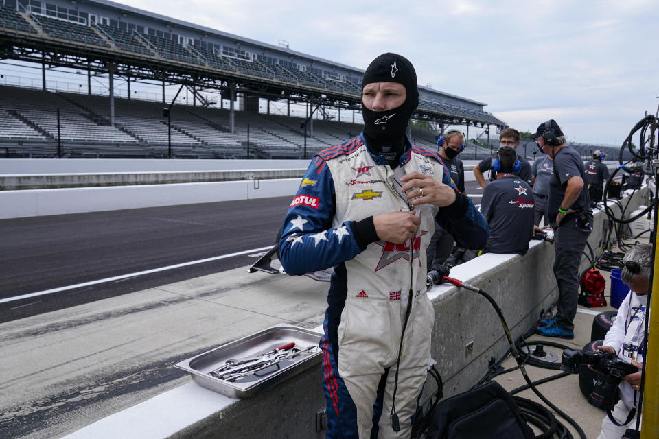 Ben Hanley, of England, prepares to drive during practice for the Indianapolis 500 auto race at Indianapolis Motor Speedway in Indianapolis, Thursday, Aug. 13, 2020. (AP Photo/Michael Conroy)